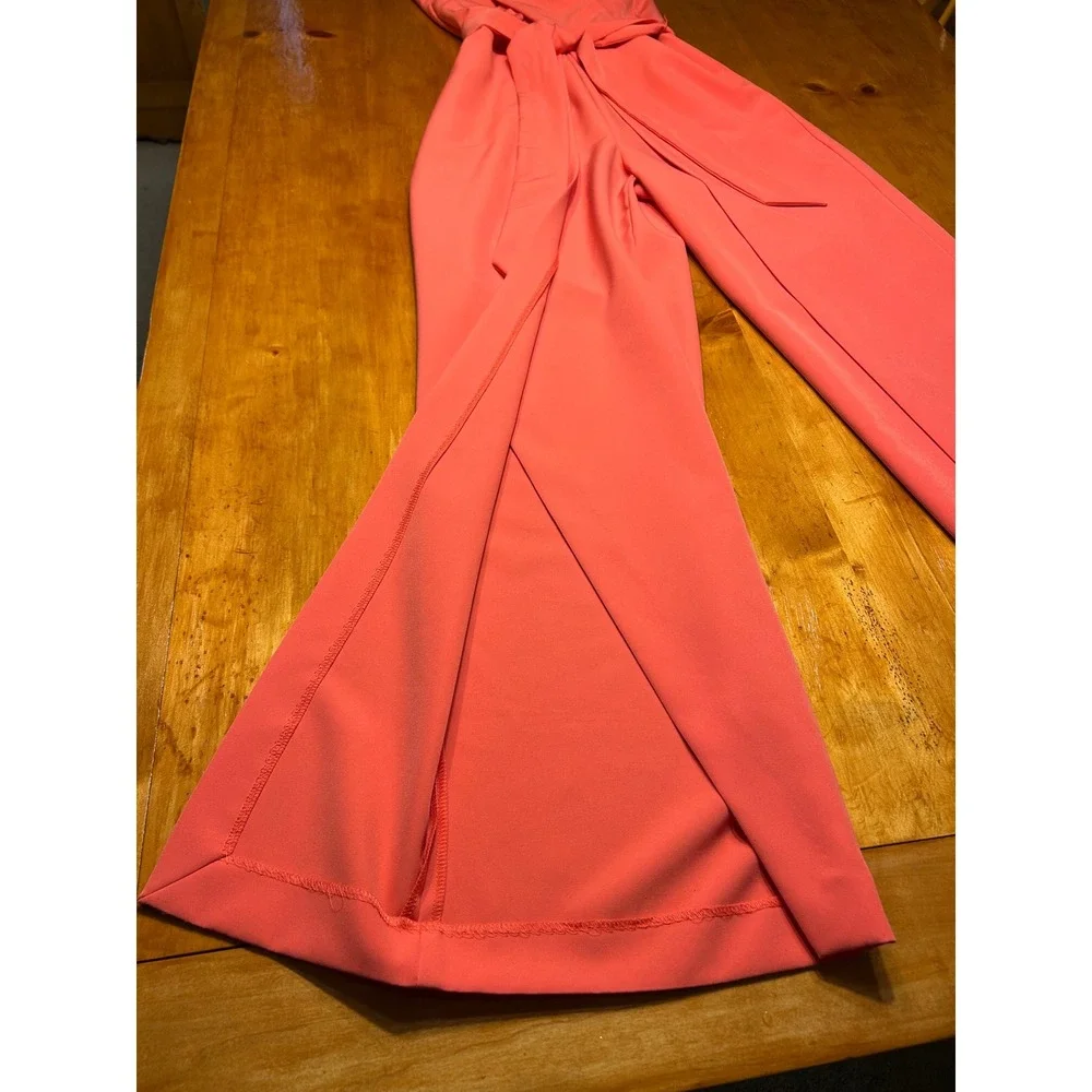 Alex Marie Coral Pink Wide Leg Jumpsuit Sleeveless Surplice Tie Waist Size 8 - Picture 6 of 13